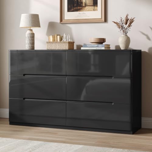 Image of Black Dresser for Bedroom, 47.2 inch Wide 6 Drawer Dresser, Modern High Gloss Dresser Chest of Drawers, Wooden Dressers Organizer for Bedroom, Closet