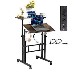 Hadulcet Mobile Standing Desk with Charging Station, Adjustable Standing Computer Desk, Standing Adjustable Laptop Cart with Wheels for Home Office Classroom Rustic Brown