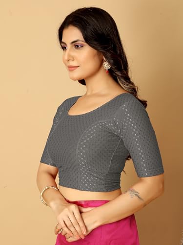 Image of Amazon Brand - Anarva Round Neck Dobby Cotton Lycra Stretchable Elbow Half Sleeve Readymade Saree Blouse for Women Stylish