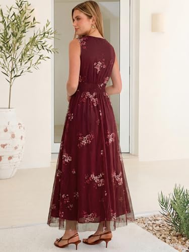 Image of ANRABESS Women's Floral Tulle Wedding Guest Maxi Dress | V Neck Sleeveless,A-Line Elastic Waist,Casual Flowy Formal Boho,Bridal Shower Garden Party Beach Vacation,Summer Fall