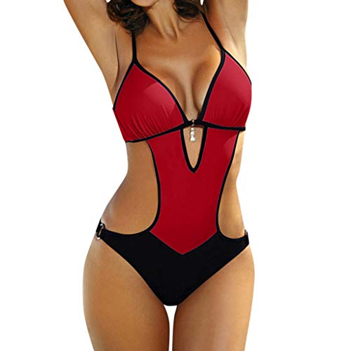 LHWY Bikinis Mujer Push Up, Tankini Trikini sólido Vendaje Acolchado Push up Halter Traje de baño una Piezas Conjunto Playa Vacaciones Monokinis Bañador para Mujer (Rojo, M)