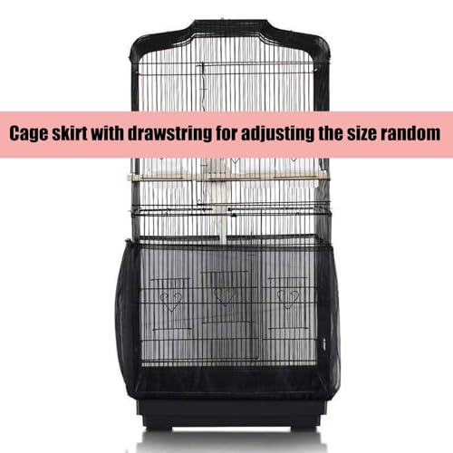 Image of Bird Cage Seed Catcher, Large Bird Cage Cover, 75-118'' Universal Adjustable Birdcage Cover Skirt Soft Airy Nylon Mesh Net for Parakeet Macaw African Round Square Cage, Black