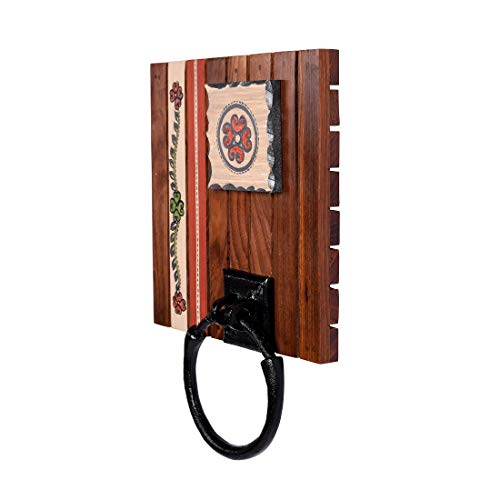 Image of Aakriti Art Creations Floral Art Wooden Towel Holder | Handcrafted Wooden | Matte Finish Natural Brown Wall Mounted Towel Holder for Bath & Wash Area