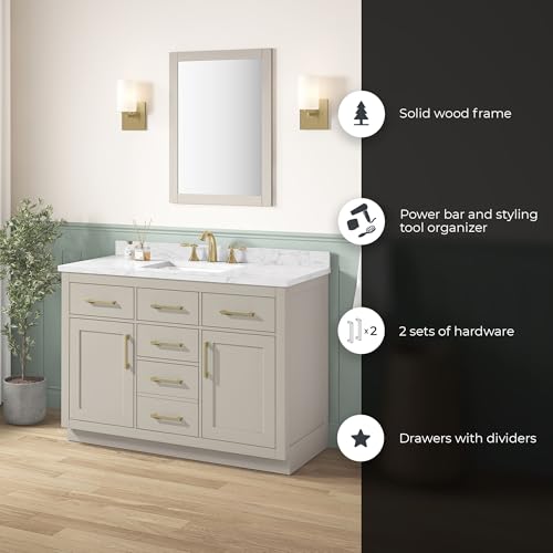 Image of OVE Decors Athea 48 in. Single Sink Freestanding Greige Bathroom Vanity with White Engineered Marble Top, Matching Backsplash, Power Bar and Brushed Gold Hardware