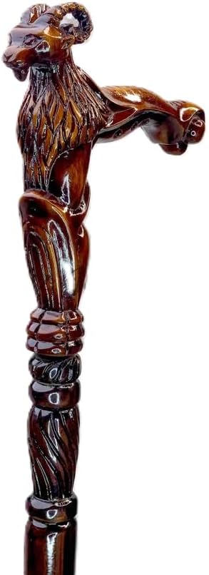 Wooden Goat Engraved Hand carved Cane - Premium Wood Carved Walking Stick Cane With Ergonomic Palm Grip Handle - 36" Brown Handmade Elegant Carved Walking Stick For Men Women