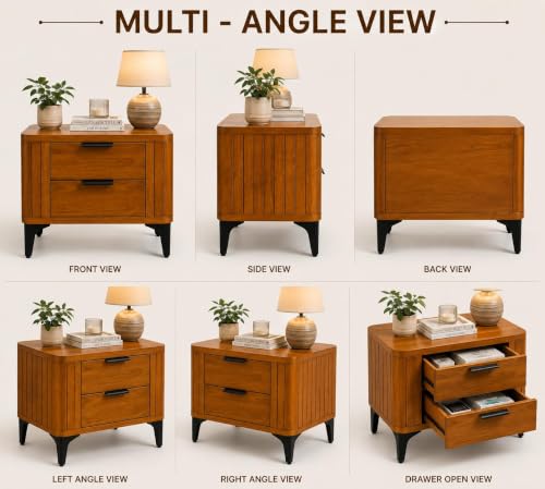 Image of Solid Sheesham Wood Bedside Table for Bedroom & Livingroom | Nightstand End Table with 2 Drawers Storage for Home | Modern & Luxury Design| (Honey Finish)