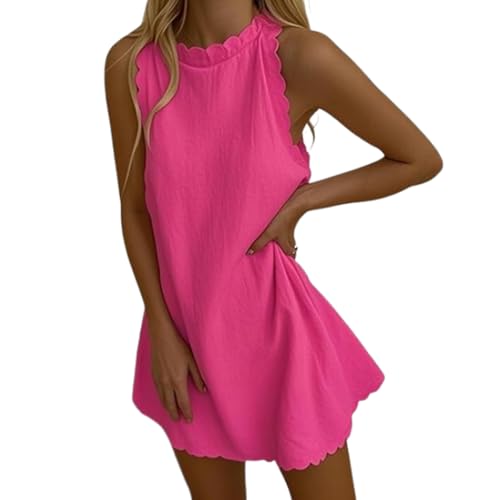 Vestido Playa Lino Elástico | Escote V Festoneado Sin Mangas | Cremallera Trasera | Vacaciones & Paseos Veraniegos (Rose Red,XL)