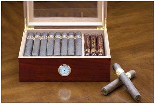Prestige Import Group Chalet Glass Top Desktop Cigar Humidor with Hygrometer and Humidifier - Capacity: 20-50 - Color: Cherry