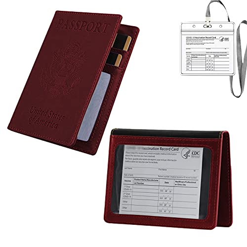 MUMUBREAL PU Leather Passport and Vaccine Card Holder Combo, Passport Holder With Vaccine Card Slot, Vaccine Card Waterproof Protector Wine Red