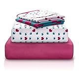 Chital Full Bed Sheets for Girls | 4 Pc Red & Green Hearts Print | 1 Flat & 1 Fitted Sheet, 2 Pillow Cases | Durable Super-Soft, Double-Brushed Microfiber | 15