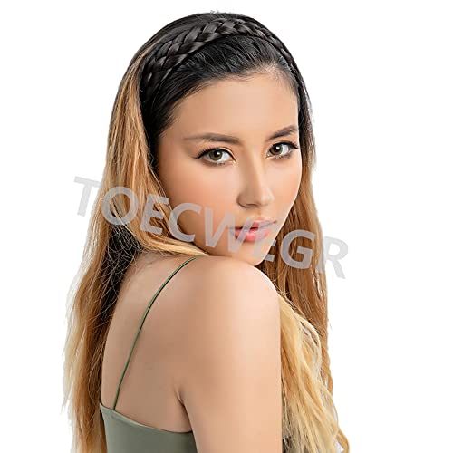 Toecwegr 5 Strands Synthetic Hair Braided Headband Hairpiece Classic Chunky Wide Plaited Braids Elasticmulti-Color Headband Ladies Beauty Headwear (Brownish Black) #TOP6