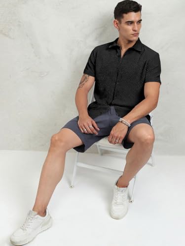 Image of Zombom Men's Poly Cotton Textured Short Sleeve Shirt | Slim Fit Casual Wear | Premium Stretch Fabric | Button Down Collar | Stylish Party Shirt for Men