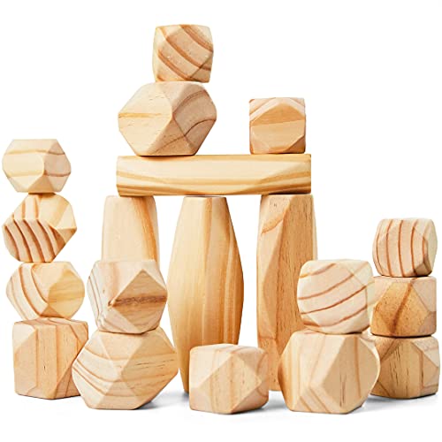 Panda Brothers Wooden Balancing Stones - Montessori Sensory Toy, Large Pine Wood Stacking Rocks for 3-5 Year Olds, Natural Color