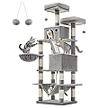 FEANDREA Cat Tree, 168 cm Large Cat Tower with 13 Scratching Posts, 1 Scratching Ramp, 2 Perches, 2 Caves, Basket, Hammock, Pompoms, Multi-Level Plush Cat Condo for Indoor Cats, Light Grey