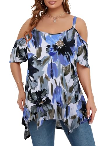 Image of LARACE Cold Shoulder Tops for Womens Summer Clothes Spaghetti Strape Tunic Oversized Shirts Asymmetrical Plus Size Blouse
