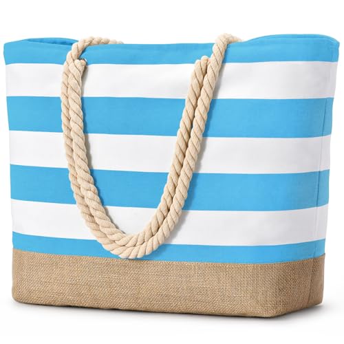 Recopilación de Yute azul los 5 más buscados. 42 Becokan - Bolsas de playa para mujer, lona grande, de yute, impermeable, a prueba de arena, bolsa de natación, artículos esenciales para viajes y día festivo, Azul, L