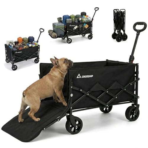 CROSSHIP Collapsible Pet Wagon Cart with Drop-Down Tailgate 150L Heavy Duty Foldable Garden Cart 330lbs Capacity All-Terrain Wheels Utility Wagon for Camping with 1 Medium Dog or 2 Small Puppies