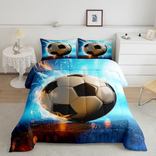 Image of Feelyou 3D Soccer Comforter Set King Size Kids Football Gaming Pattern Bedding Set for Boys Girls Sports Theme Duvet Quilt Room Decor