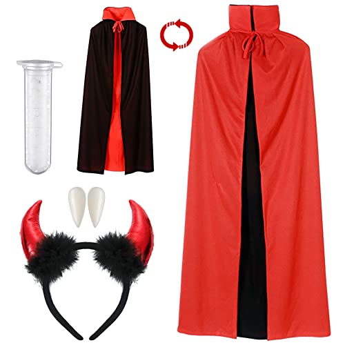 BANDQ Cape de vampire d'Halloween, cape de vampire, cape d'Halloween, cape adulte, convient pour les femmes et les hommes à partir de 160 cm (cape + cornes du diable et bandeau de vampire) Cover