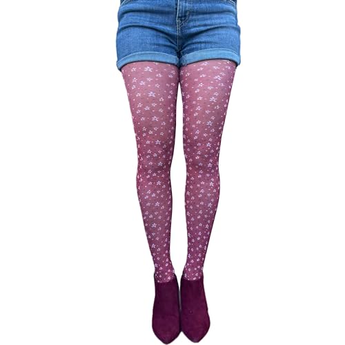 Burgundy Heart and Flower Pattern Tights For All Women - Main Image