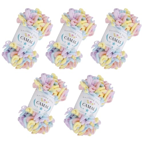 CAMAL 5 Pack Loop Yarn for Finger Knitting Soft Fluffy Finger Rainbow Loop Chunky Chenille Plush Yarn for Crocheting Blanket Rugs Scarfs DIY Handbags Hand Crafts(Cotton Candy)