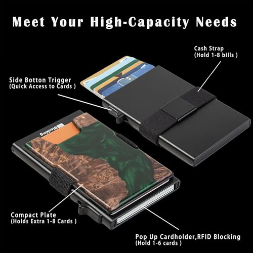 Image of Minimalist Mens Card Holder Wallet, RFID Blocking Slim Smart Pop Up Aluminum Wallet,Holds 12+ Cards,Expandable Compact Plate,Cash Strap /Money Clip (Resin Green Wood)