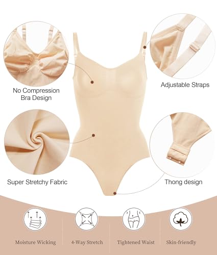 Image of SHAPERX Women's Tummy Control Shapewear Thong Bodysuit Seamless Waist Snatching Body Shaper