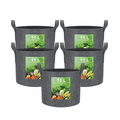 VIEWALL 12L Sac de Plantation Terre en Tissu avec Poignée,Sacs de Culture de Plantes Réutilisable pour Cultiver Pommes Terre,Tomates,Légumes,Fleurs,Un Pot de Jardin Épaissi et Aéré,5pcs Gris