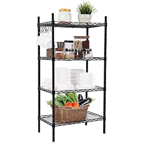 VOONEEN 4 Tier Shelving Unit, Metal Shelving Unit Free Standing Small Storage Rack with 4 Hooks, Wire Organisation Racking Shelves for For Pantry Kitchen Livingroom Bathroom Office, 45*30*90 CM Cover