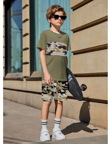 Image of Arshiner Boys' 2-Piece Cotton Outfit Color Block T-Shirt and Shorts Set Summer Camo Clothes for Kids 5-14 Years