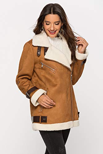 Escalier Women's Winter Lapel Faux Suede Leather Jacket with Sherpa Fleece Lining Camel M - Thumbnail 6