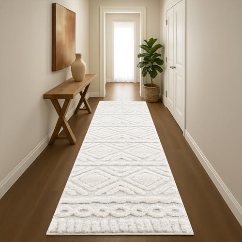 payé Teppich Läufer fürs Flur - 80x300cm - Hochflor - Boho - Pastell Creme - Einfarbig - Modern Raute Ornamente - Skandinavisch Flauschig Weich - Schlafzimmer