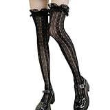 QIXIAMO Fishnet Thigh High Socks Heart Striped Lace Ruffled Over Knee Stockings
