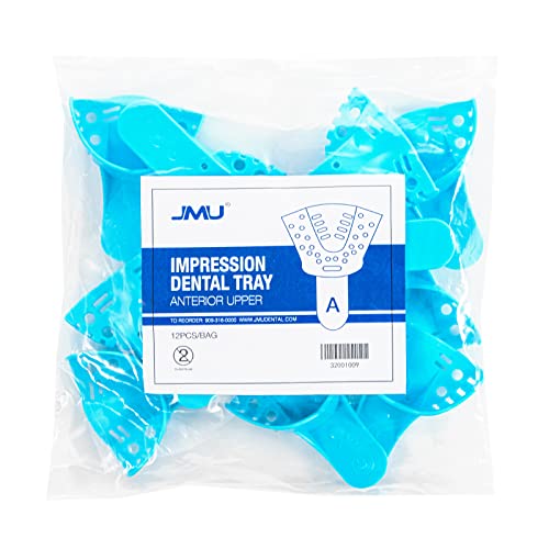 Image of JMU Dental Impression Trays, 9 Anterior Upper, Autoclavable, 120 Pcs | Perforated Disposable Impression Trays, Plastic, 10 Bags, Blue