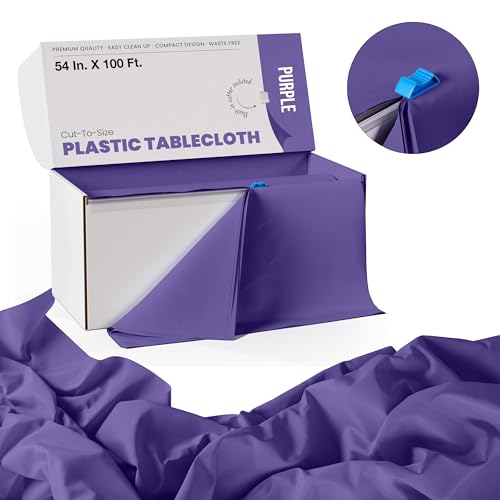 Image of Exquisite Party Solids 54 Inch X 100 Feet Purple Plastic Table Cover Roll in A Cut - to - Size Box with Convenient Slide Cutter. Cuts Up to 12 Rectangle 8 Feet Plastic Disposable Tablecloths