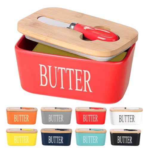 Image of Ceramic Butter Dish with Wooden Lid and Stainless Steel Knife, Large Butter Container Keeper with Bamboo Cover and Silicone Sealing Ring for West and East Coast Butter (Red)