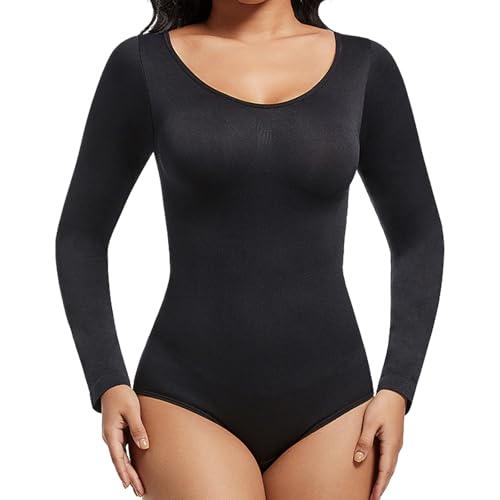 Falafoty Body Manga comprida para mulher, gola redonda Jumpsuit Top, sexy slim fit bodies vestido básico top, elástico tanga redutor, elegante cor sólida Shapewear, casual body para sair, Preto, L