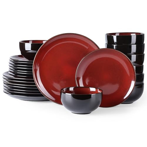Image of LERATIO Ceramic Dinnerware Sets for 8,Stoneware Plates and Bowls Sets,Handmade Reactive Glaze Dishes Set,Chip Resistant and Scratch Resistant | Oven&Dishwasher & Microwave Safe-Red (24PCS)