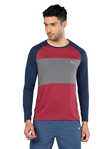 Image of TECHNOSPORT Men's Slim Fit Polyester Color Block Athleisure Crew Neck T-Shirt with Full Sleeve, Moisture Wicking and Quick Dry