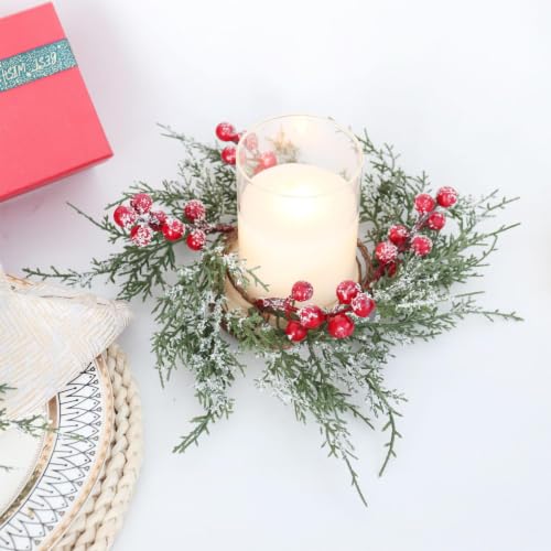 1 Pcs Candle Wreath, Christmas Table Decor, Snowy Red Berry Wreath Set - image 5