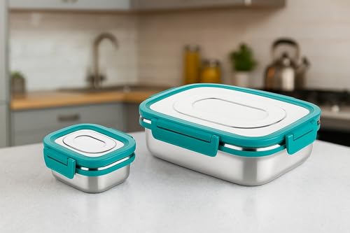 Image of Stainless Steel Lunch Box 1100ml | 4-Side Clip Lock | 100% Leakproof & Airtight Tiffin Box | Steel Lunch Box for Office & Kids | Blue