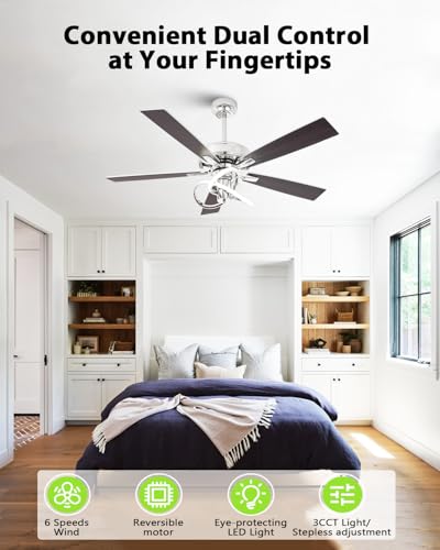 Image of 52 Inch Ceiling Fans with Lights, Creative Modern Silver Ceiling Fan and Remote, 3CCT, 6 Speeds, Quiet, Dual-Sided Reversible 5 Blades Indoor Outdoor Chandelier Fan for Bedroom Living Room