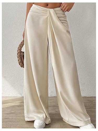 OYOANGLE Women's Asymmetrical Waist Ruched Wide Leg Long Pants Loose Solid Palazzo Pants Casual Trousers3