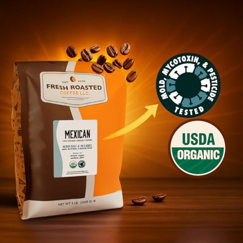 Fresh Roasted Coffee LLC, Organic Mexican Chiapas Coffee, USDA Organic, Medium Roast, Whole Bean, 5 Pound Bag