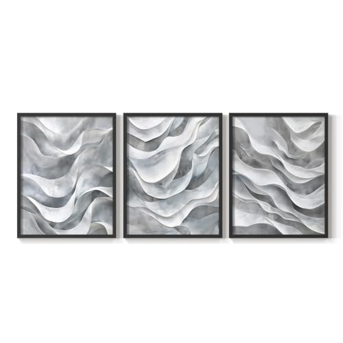 Renditions Gallery Set of 3 Peel & Stick Framed Prints, Textured Abstract Wall Art, Interlocked Fragmented Triptych Wall Decor, Re-Stickable - Ready to Hang - 16"x20" - Black Frame LT597