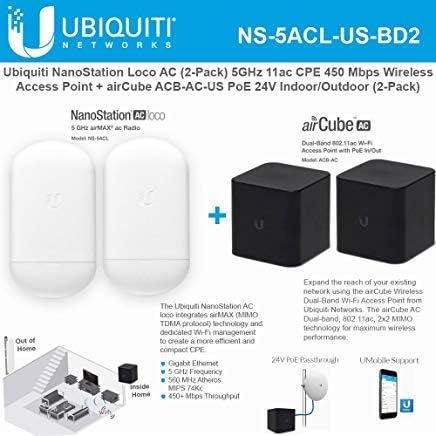 NanoStation AC Loco 5AC NS-5ACL-US (2 Pack) 5GHz 802.11ac airMAX CPE Radio 450Mbps Wireless Access Point with airvPack Home Wireless AP PoE 24V Indoor/Outdoor