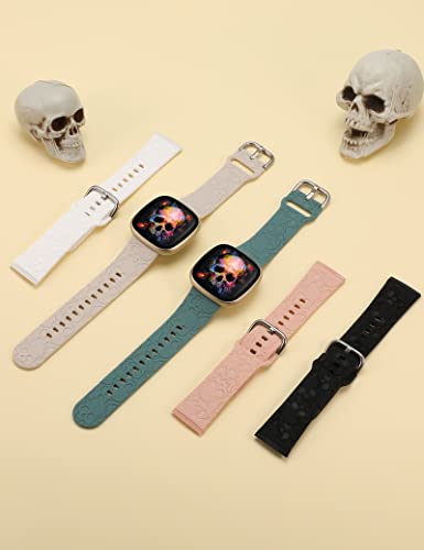 Crodi Compatible With Fitbit Versa 4/Versa 3/Sense 2/Sense Band Women Men, Engraved Fadeless Skull Pattern Print Silicone Sports Strap Solo Loop Soft Holiday Wristband Bracelet For Fitbit Versa 3 Bands, Black #TOP5