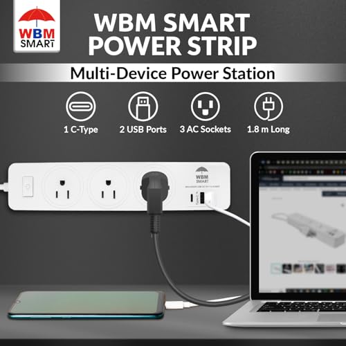 WBM SMART Extensión PG-01A con 3 tomas, 2 puertos USB y 1 enchufe tipo C, cable de 1.8 m, voltaje 125V, corriente máxima 10 Amps miniatura 2