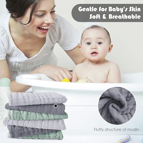 Image of Ease Cubs 12 Pack Muslin Washcloths for Baby - 100% Cotton Baby Wash Cloths for or Baby Face Body Comfy and Soft for Newborn Infants Kids Girls and Boys - 12 inchx12 inch - Grey, Green and Slate
