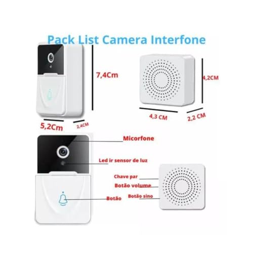 Campainha Inteligente Sem Fio com Câmera Wi-Fi, Interfone de Áudio, Branca